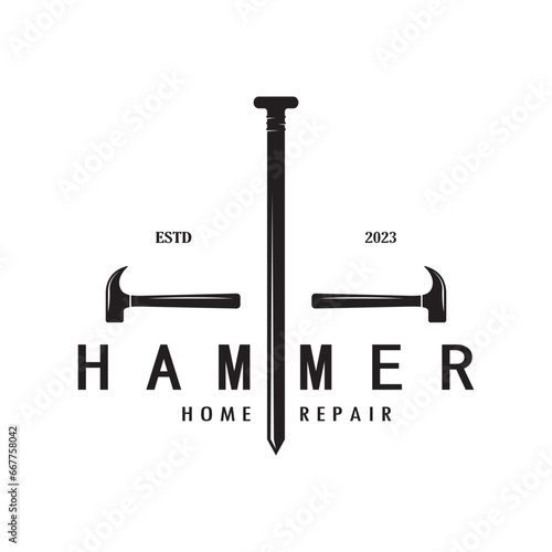 retro vintage crossed hammer and nail logo for home repair services, carpentry, badges, builders, woodworking, construction, vector