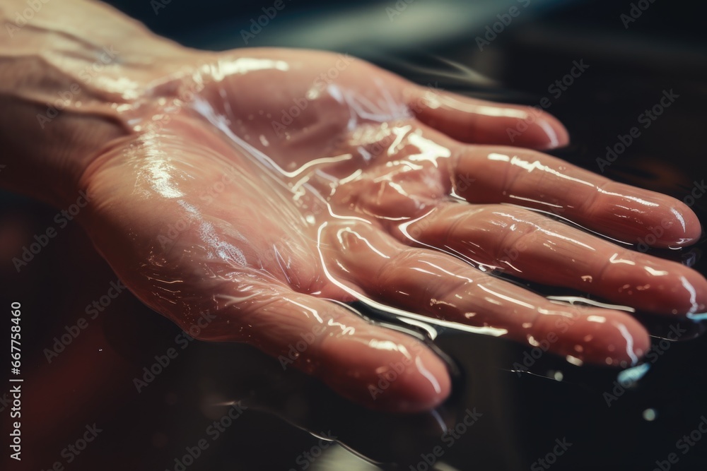A person's hand covered in clear plastic. Can be used to depict protection, hygiene, medical procedures, or food handling. A person's hand covered in clear plastic. Can be used to depict protection, hygiene, medical procedures, or food handling.