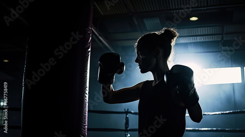 determined woman trains to box against a bag in a gym, dark and bluish atmosphere, the silhouette lit by a background spotlight, cinematographic scene for
a women's sports banner, strong woman photo