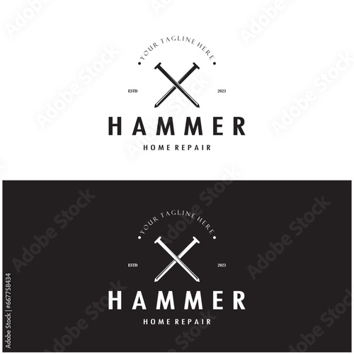retro vintage crossed hammer and nail logo for home repair services, carpentry, badges, builders, woodworking, construction, vector