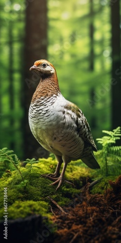A bird stands on top of a moss-covered forest. This image can be used to depict the beauty of nature and the peacefulness of the forest.