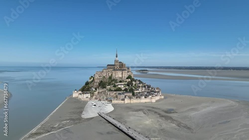 Aerial view Mont-Saint-Michel monastery and abbey, Le Mont-Saint-Michel, salt marshes, Normandy, France
