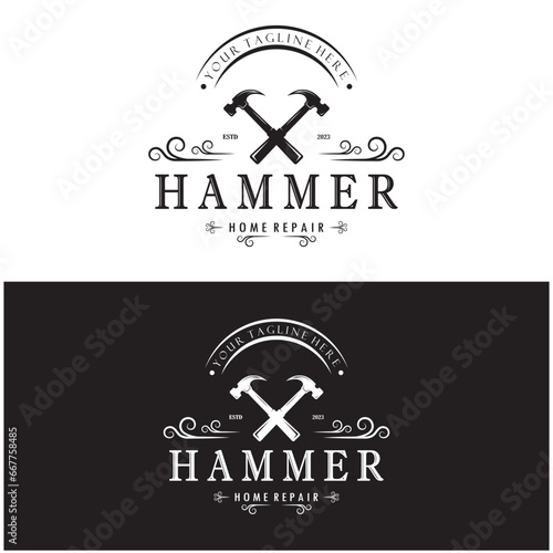 retro vintage crossed hammer and nail logo for home repair services, carpentry, badges, builders, woodworking, construction, vector