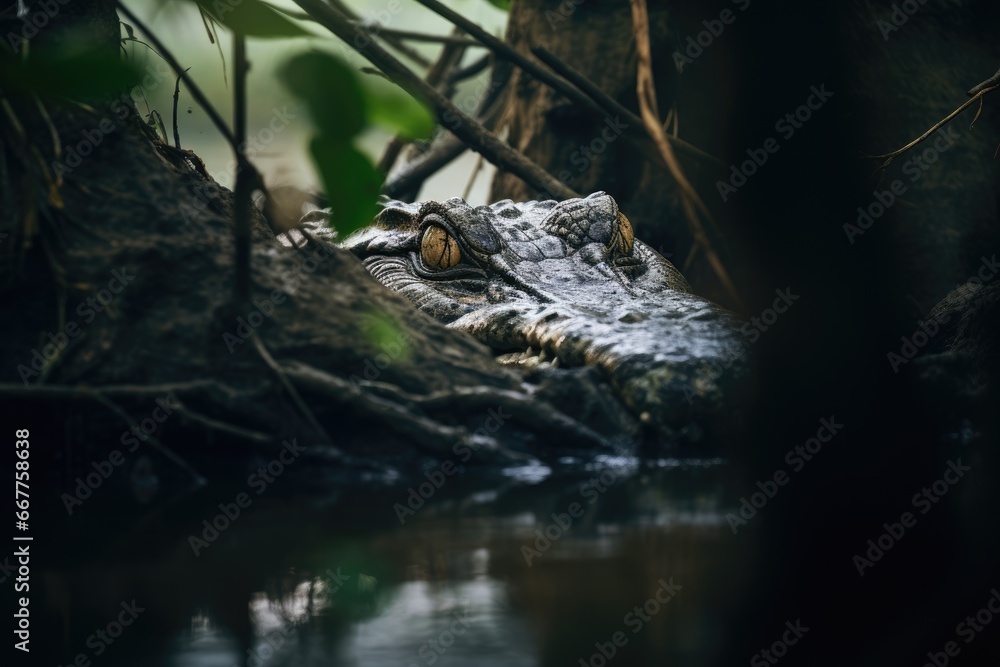 Fototapeta premium Crocodile rests by the river in the jungle. Generative AI