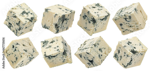 Blue cheese cubes isolated on white background, full depth of field