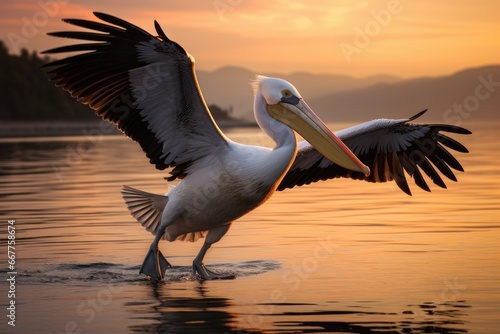 A majestic pelican soaring over a serene body of water. Generative AI