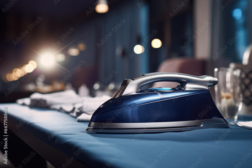 A blue iron sitting on top of a table. This image can be used to depict household chores or the concept of ironing clothes. A blue iron sitting on top of a table. This image can be used to depict household chores or the concept of ironing clothes.
