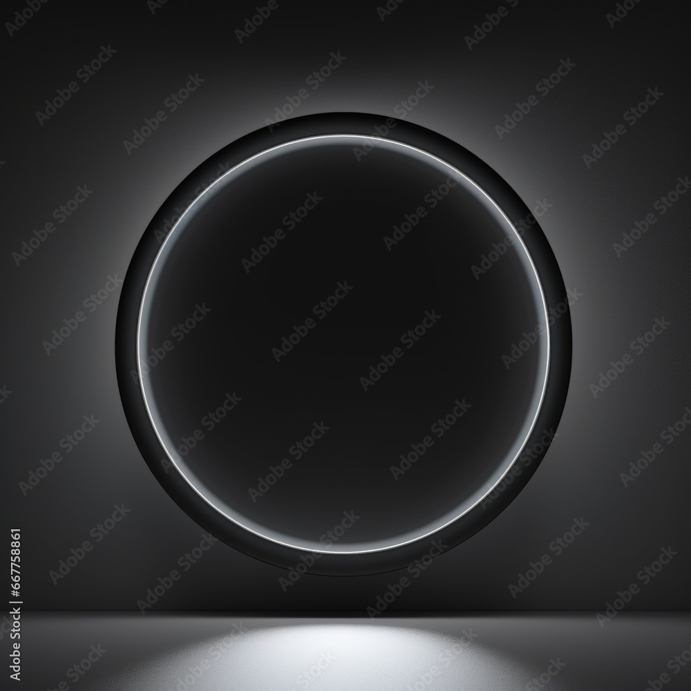 Black LED Minimalistic Round Picture Frame. Minimalistic Ring with Realistic Texture. Square Digital Illustration. Ai Generated Empty Circle on Black Background. Black LED Minimalistic Round Picture Frame. Minimalistic Ring with Realistic Texture. Square Digital Illustration. Ai Generated Empty Circle on Black Background.