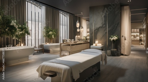Indoor view of reflexology massage spa studio, beauty salon body care health interior design. photo