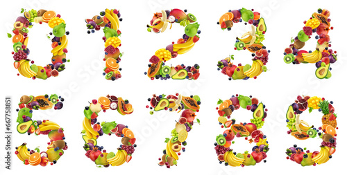 Fototapeta Naklejka Na Ścianę i Meble -  Numbers with fresh food ingredients, letters made from fruits and berries isolated on white background