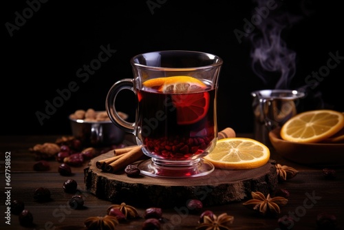 A cup of tea with a slice of lemon and a sprinkle of cinnamon. This image can be used to depict a cozy and relaxing tea time or as a refreshing beverage concept.