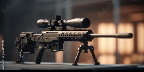 A detailed close-up of a rifle resting on a table. This image can be used to illustrate firearms, hunting, military, or security-related concepts.