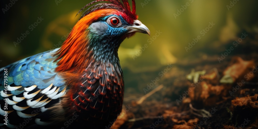 A vibrant bird perched on a mound of colorful autumn leaves. This image can be used to represent nature, wildlife, or the changing seasons.