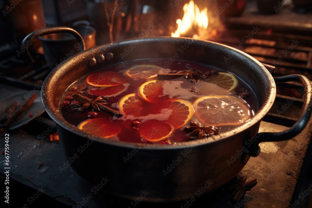 Fototapeta premium A pot filled with liquid sitting on top of a stove. This image can be used to depict cooking, food preparation, or household activities.