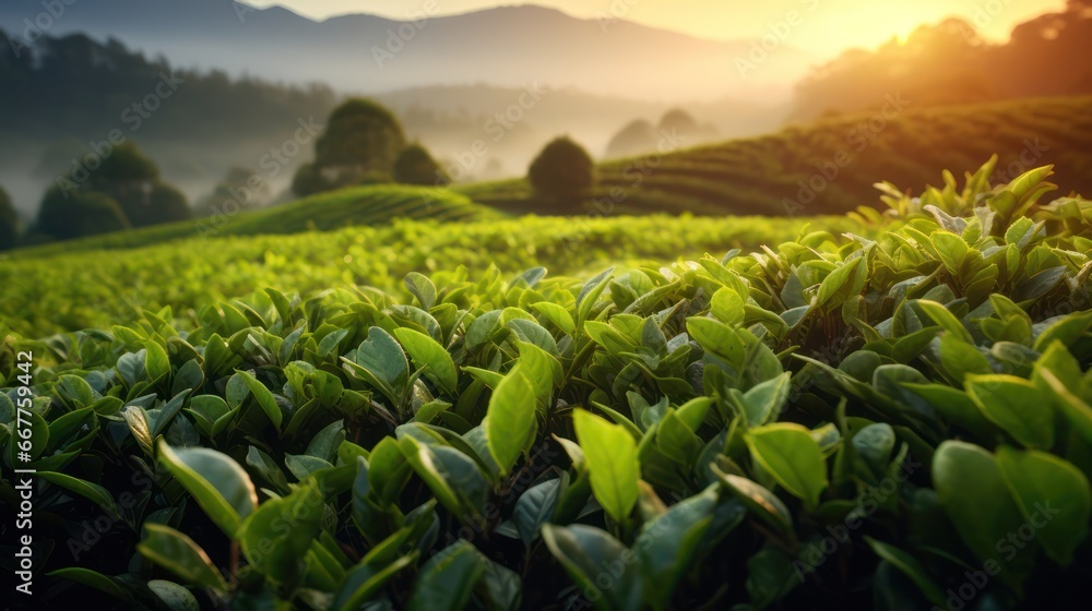 Close up view of fresh tea leaf shoots in the morning, outdoor tea farm. Close up view of fresh tea leaf shoots in the morning, outdoor tea farm.