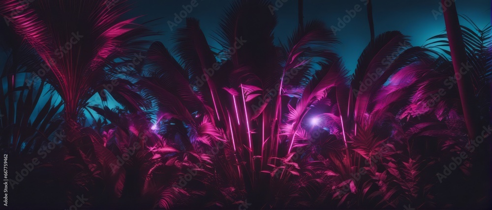 Tropical dark trend jungle in neon illuminated lighting. Exotic palms and plants in retro style