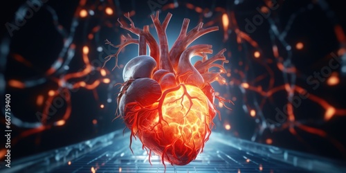 A human heart is depicted in the center of the image, surrounded by a vibrant glow from the surrounding cells. 