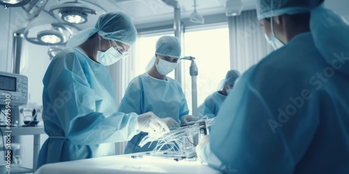 A group of surgeons performing a surgical procedure in a hospital operating room. This image can be used to illustrate medical procedures, surgical teamwork, and the healthcare industry. photo