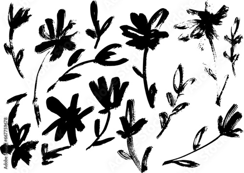 Grunge Dry Brush Flowers Set.
