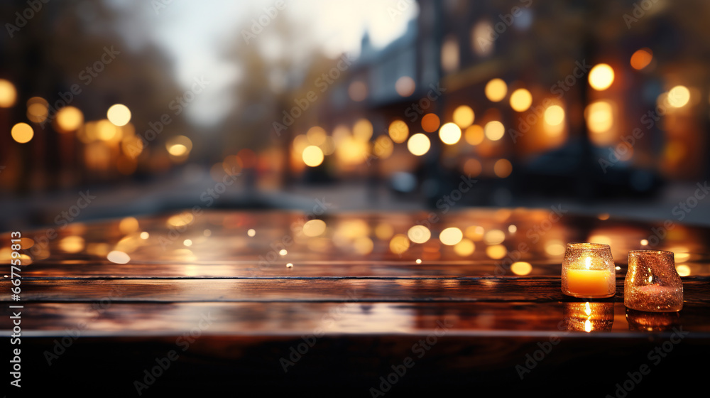 Empty Wooden Table Top with Bokeh Lights on Blurred Copy Space With Candle Background Selective Focus Empty Wooden Table Top with Bokeh Lights on Blurred Copy Space With Candle Background Selective Focus