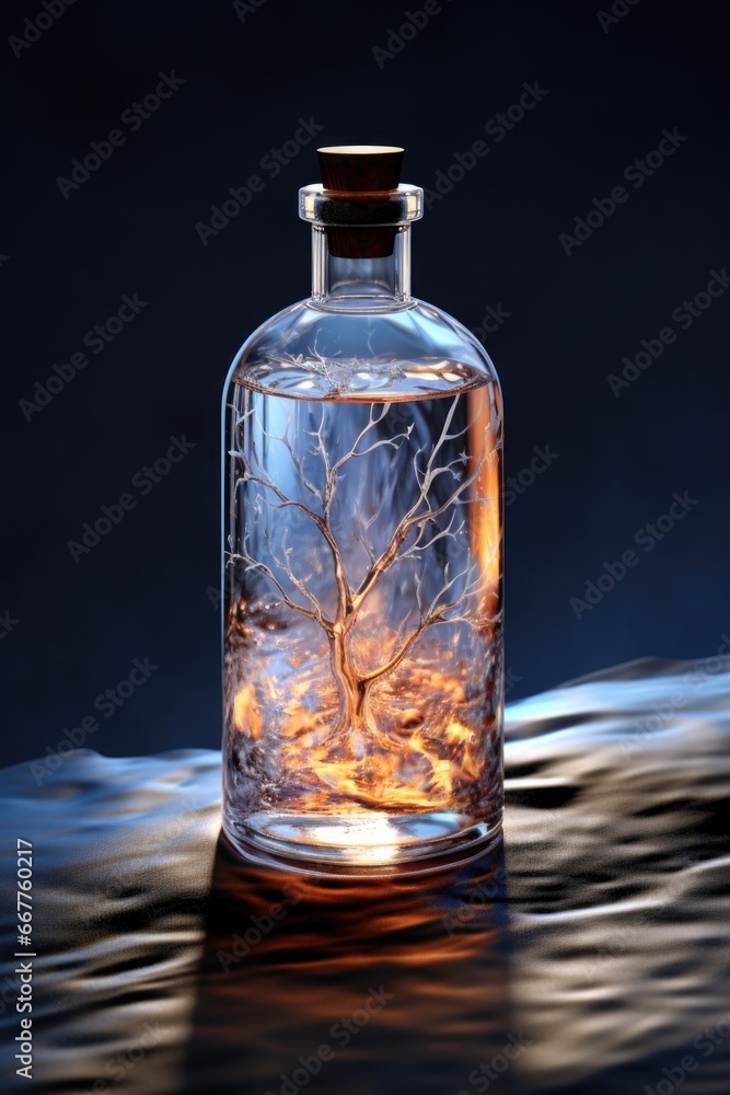 A glass bottle with a small tree growing inside. A glass bottle with a small tree growing inside.