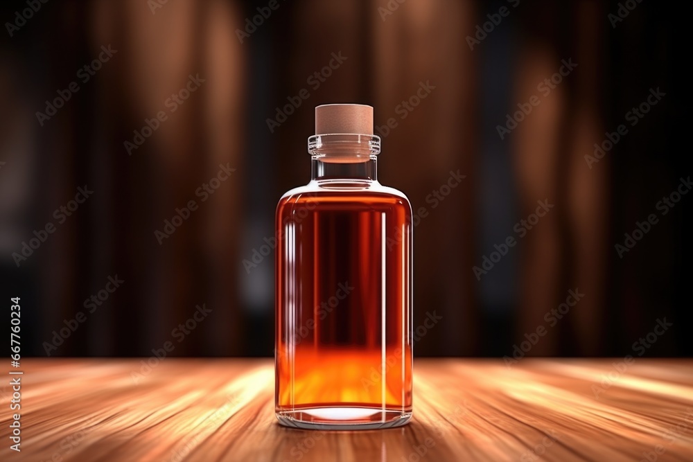 A bottle of liquor sitting on a wooden table. Suitable for advertisements, bar menus, or home decor inspiration A bottle of liquor sitting on a wooden table. Suitable for advertisements, bar menus, or home decor inspiration