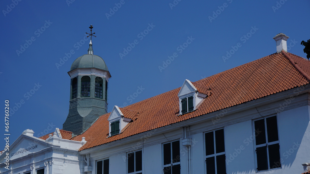 Jakarta, Indonesia - September 26 2023: Museum Fathillah located in Jakarta Old town area. The building is built by Dutch Government during colonialization period to serve as a mayor office. low angle