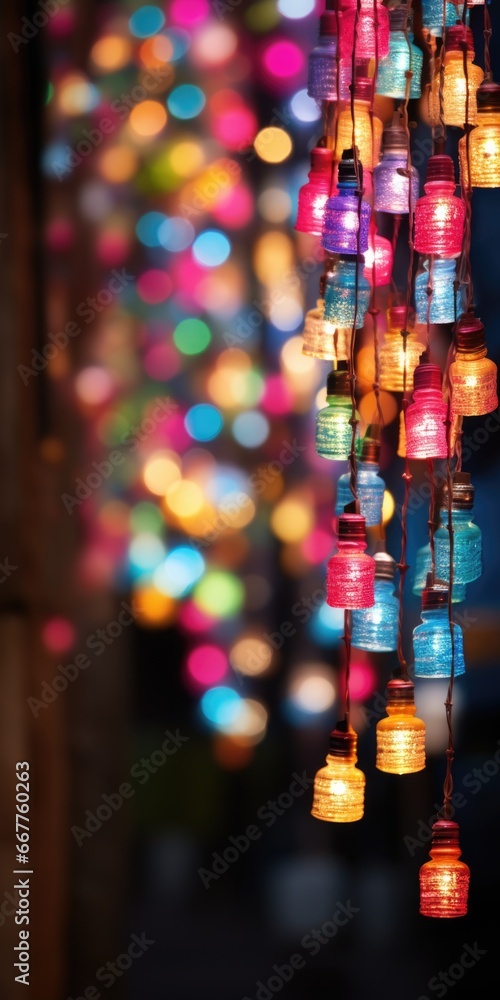 A vibrant string of colorful lights hanging from a building. Perfect for adding a festive touch to any event or celebration
