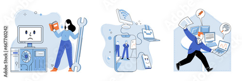 Computer troubleshooting. Vector illustration. Technical expertise is essential in resolving computer issues Software services play vital role in computer maintenance and repair Repairing computers