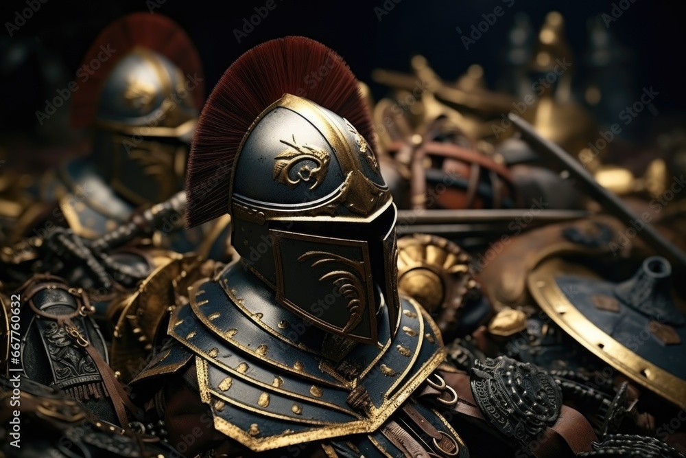 A close up view of a helmet resting on top of a pile of armor. This image can be used to depict medieval warfare, historical reenactments, or as a symbol of strength and protection A close up view of a helmet resting on top of a pile of armor. This image can be used to depict medieval warfare, historical reenactments, or as a symbol of strength and protection
