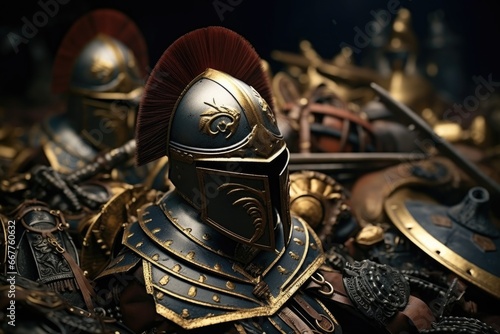 A close up view of a helmet resting on top of a pile of armor. This image can be used to depict medieval warfare, historical reenactments, or as a symbol of strength and protection