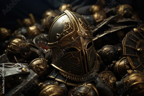 A close up view of a single helmet placed on top of a pile of other helmets. This image can be used to depict safety, protection, or teamwork