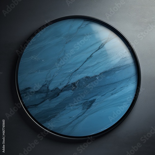 Blue Marble Minimalistic Round Picture Frame. Minimalistic Ring with Realistic Texture. Square Digital Illustration. Ai Generated Empty Circle on Black Background.