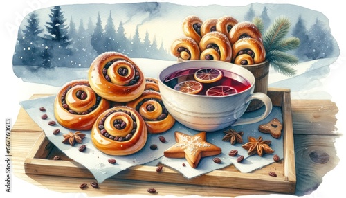 Swedish lussekatter (saffron buns) shaped like 'S' curves with raisins on a wooden tray, accompanied by glögg (mulled wine) and star-shaped ginger cookies, set against a Nordic winter landscape.