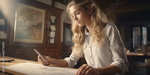 A woman sitting at a table using a cell phone. This image can be used to illustrate modern technology and communication