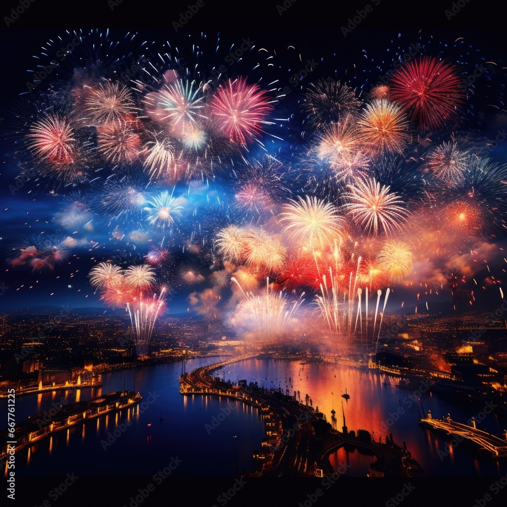 A vibrant display of fireworks illuminating the night sky over a bustling city. A vibrant display of fireworks illuminating the night sky over a bustling city.