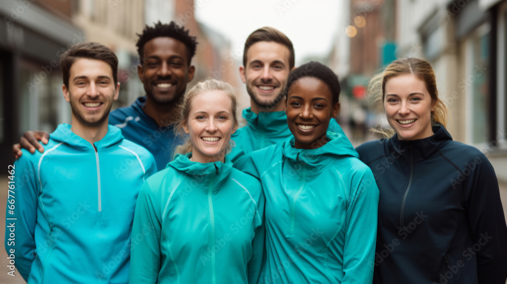 Group portrait of happy young fitness group in urban road. Fitness, sport, runner Concept. Group portrait of happy young fitness group in urban road. Fitness, sport, runner Concept.