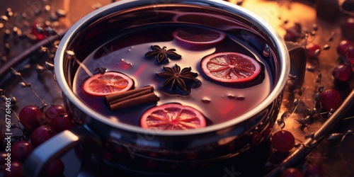 A pot of mulled wine sitting on top of a table. Perfect for cozy winter gatherings or holiday celebrations