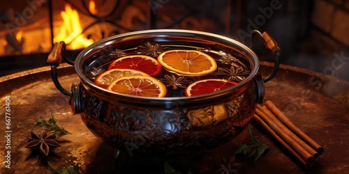 A pot filled with orange slices and aromatic spices. This image can be used to add warmth and flavor to food and beverages