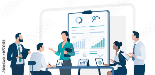 Plan. Strategy. Meeting. The team is working on a project. Female presenter. Vector illustration. 