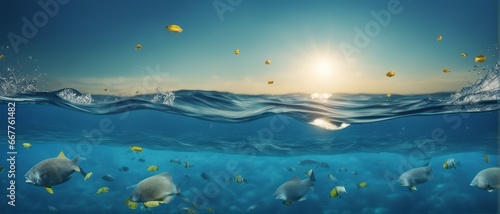 underwater photo blue background panorama ocean surface and bottom of the sea photo