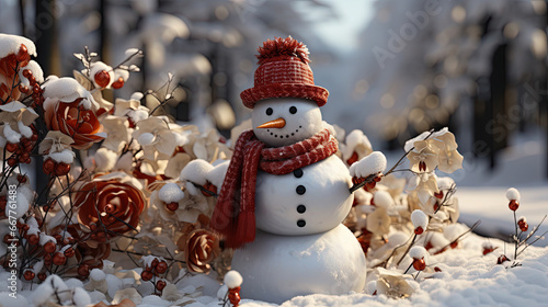 Cute Snowman in His Red Outfit For Merry Christmas Greeting Background Focus on Foreground photo