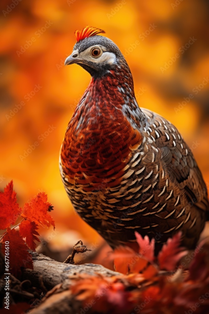 Obraz premium A bird stands on a pile of leaves. This image can be used to depict nature, wildlife, or the changing seasons