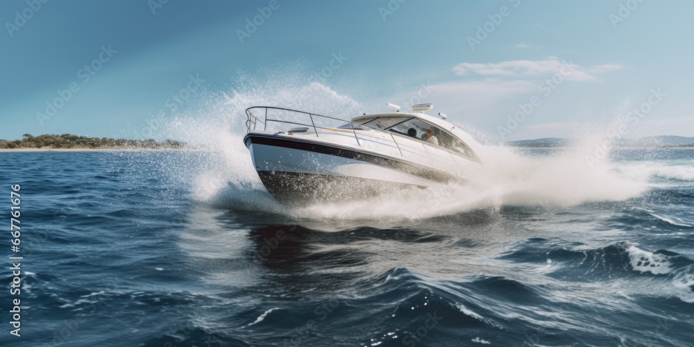 Fototapeta premium A speed boat racing through the water on a beautiful sunny day. Perfect for capturing the excitement and thrill of water sports.