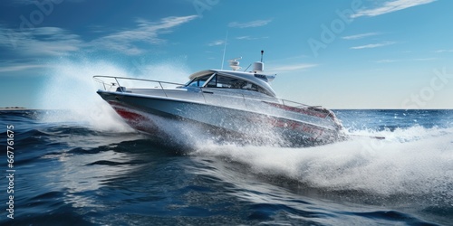A speed boat zooms through the water on a sunny day. This image can be used to depict excitement, water sports, or leisure activities © Fotograf