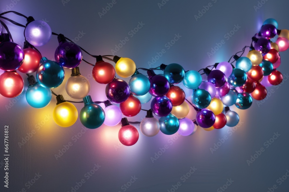 A string of multicolored Christmas lights hanging on a wall. A string of multicolored Christmas lights hanging on a wall.