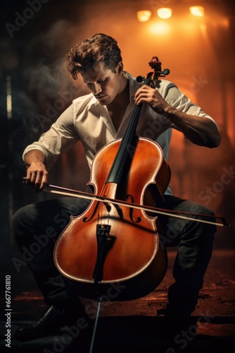 A man is seen playing a cello in a dimly lit room. This image can be used to depict musicians, music practice, or the beauty of classical instruments
