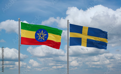Sweden and Ethiopia flags, country relationship concept