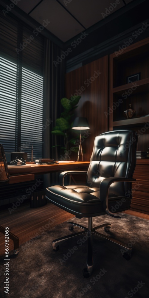 A black leather chair is positioned in front of a desk. This image can be used to depict a professional workspace or office setting