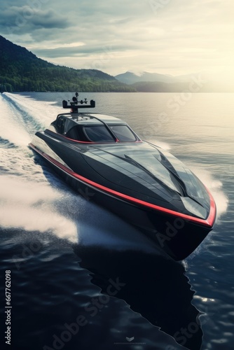 A black and red speed boat gliding across the water. This image can be used to depict adventure, water sports, or leisure activities near the water